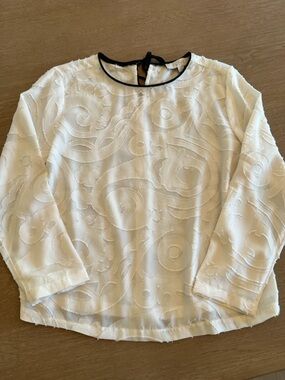 LOFT Cream Sheer Burnout Long-Sleeve Blouse with Black Trim